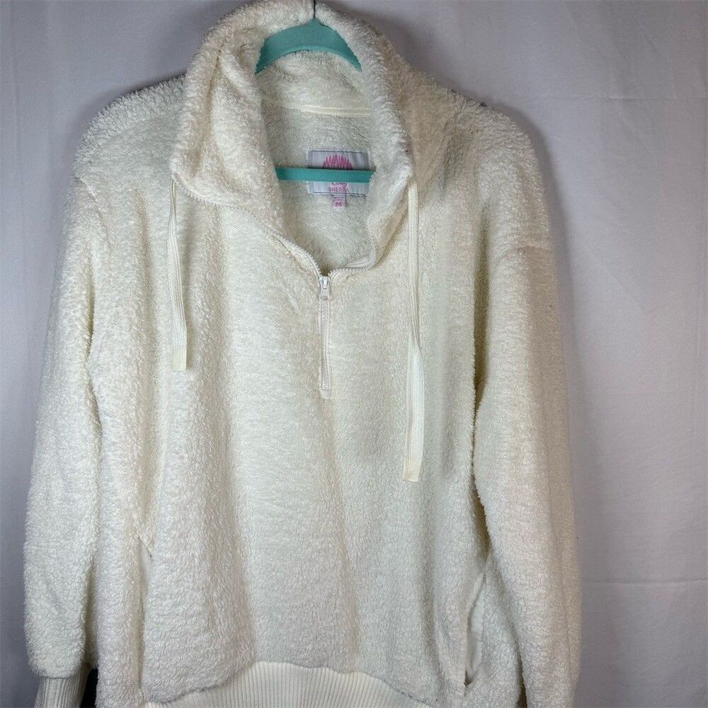 Member’s Mark Sherpa 1/4 Zip Hoodie Womens Size M Ivory Cream Pockets